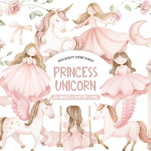 May include: Watercolor clipart bundle featuring princesses, unicorns, castles, and floral elements in soft pink and beige tones. The text "PRINCESS UNICORN" is displayed. Includes 36 images at 300 DPI.