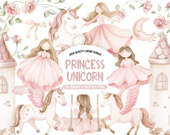 Pink Princess Unicorn Clipart Bundle: Watercolor Illustration Pack ...