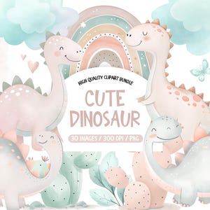 Dino Girl Party Clipart, Cute Dinosaur Themed Watercolor Clipart, Pink Dinosaur Clipart , Watercolor Dino Clipart, Dinosaur Png Bundle