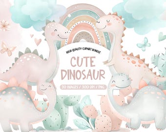 May include: A digital clipart bundle of 30 cute dinosaur illustrations. The dinosaurs are in various poses and colors, including pink, blue, and green. The illustrations are perfect for creating invitations, cards, and other crafts.