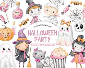 Cute Halloween Clipart, Kawaii Witches PNG Bundle, Pink Pastel Witchy Halloween Clipart, Commercial Use PNG, Spooky Little Ghost PNG