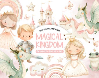 May include: A digital clipart bundle featuring illustrations of a magical kingdom. The illustrations include a princess, a knight, a unicorn, a dragon, a frog, a cloud, and a rainbow. The text "Magical Kingdom" is featured in the center of the image.