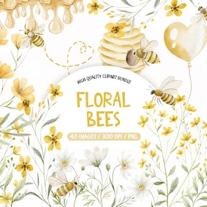 Floral bijen clipart, bij en bloem clipart, honingbij png bundel, schattige dieren clipart voor kinderfeest, schattige honingbij clipart, Bee Day png