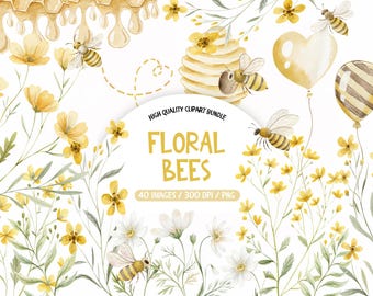 Floral Bee Clipart Bundle, Watercolor Honey Bees (PNG)