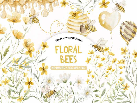 Floral Bee Clipart Bundle, Watercolor Honey Bees (PNG)