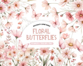 Watercolor Pink Butterfly Clipart, Floral PNG (Digital Download)