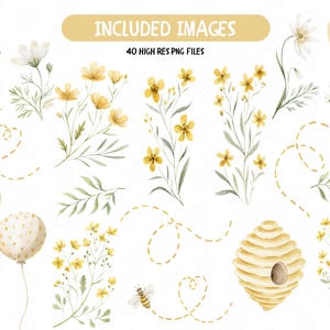 May include: A set of 40 watercolor illustrations featuring yellow flowers, a bee, a honeycomb, and balloons. The illustrations are perfect for creating invitations, cards, and other crafts.