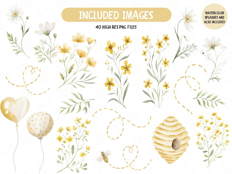 May include: A set of 40 watercolor illustrations featuring yellow flowers, a bee, a honeycomb, and balloons. The illustrations are perfect for creating invitations, cards, and other crafts.