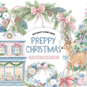 Puede incluir: Paquete de imágenes prediseñadas de acuarela con temática navideña. La imagen presenta una casa rosa y azul, coronas, un árbol de Navidad, un ciervo y lazos. El texto de la imagen dice "PREPPY CHRISTMAS" y "HIGH QUALITY CLIPART BUNDLE".