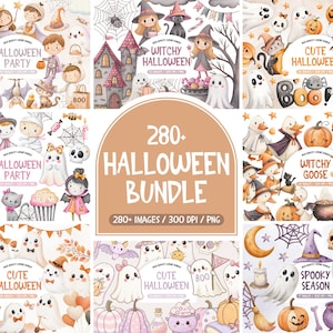 Halloween Clipart Mega Bundle, Cute Whimsical Watercolor Ghosts, Halloween Illustrations Bundle, Pumpkin Clip Art, Spooky Cute Witches PNG