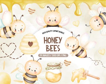 Cute Bee Watercolor Clipart, Baby Bee Clipart, Cute Bee Clip Art, Honey Comb Clipart, Watercolor Bee Clipart, Bees Clipart Commercial Use