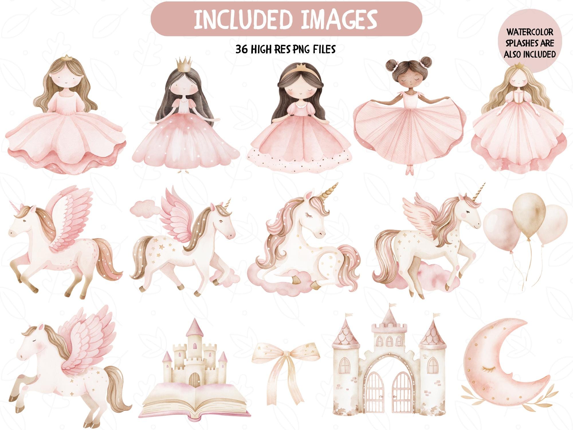 Pink Princess Unicorn Clipart Bundle: Watercolor Illustration Pack ...