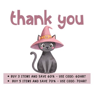 May include: A cute cartoon cat wearing a pink witch hat with a gold buckle. The words "thank you" are written above the cat in pink letters. The cat is sitting on a white background.
