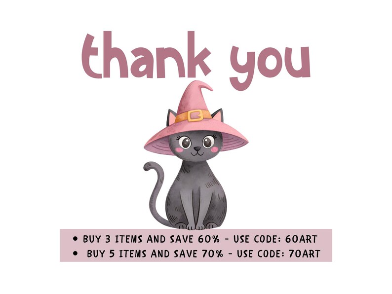 May include: A cute cartoon cat wearing a pink witch hat with a gold buckle. The words "thank you" are written above the cat in pink letters. The cat is sitting on a white background.