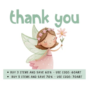 May include: A whimsical illustration featuring a fairy with brown hair, a flower crown, and delicate wings. She holds a daisy and wears a pink dress. The words "thank you" are above her in green.