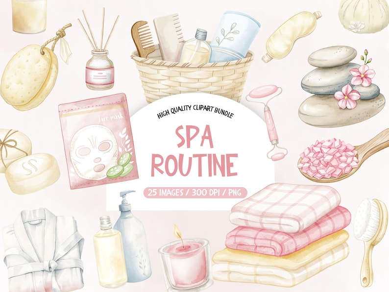 Puede incluir: Una ilustraci&oacute;n de acuarela de una rutina de spa con varios art&iacute;culos, incluyendo una mascarilla facial, una bata de ba&ntilde;o, toallas, velas y aceites esenciales. La ilustraci&oacute;n est&aacute; en un esquema de color rosa y blanco y presenta el texto "SPA ROUTINE".