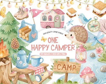Camping Clipart, Watercolor Woodland Animals PNG, Forest Campfire Clipart, One Happy Camper Birthday PNG, Mountain Camper PNG