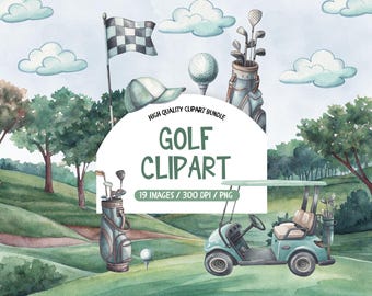 Aquarell Golf Cart Clipart: Golfclub Kunst PNG (Digital Download, 300dpi)