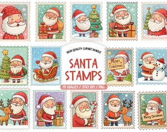 Vintage Santa Stamps Clipart, Christmas PNG Set (Digital Download)