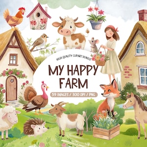 May include: Watercolor illustration of a farm scene with a variety of animals, including a cow, sheep, and horse. The image features a house, a girl, and the text "MY HAPPY FARM".