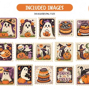 Pu&ograve; includere: Una collezione di immagini digitali a tema Halloween, presentate come francobolli. Le illustrazioni includono fantasmi, zucche e gatti, con un'estetica vintage. Il testo include "Happy Halloween" e "Trick or Treat".