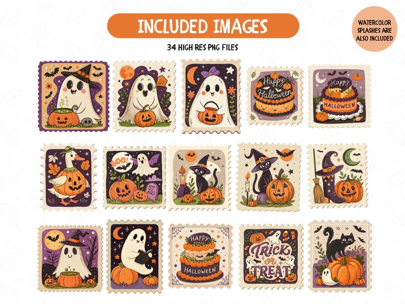 Pu&ograve; includere: Una collezione di immagini digitali a tema Halloween, presentate come francobolli. Le illustrazioni includono fantasmi, zucche e gatti, con un'estetica vintage. Il testo include "Happy Halloween" e "Trick or Treat".