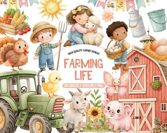 Farming Life PNG Bundle, Watercolor Village Gardening Clipart, Farmhouse Style Animals, Veggie Fruit Elements, Countryside Vehicles Pack