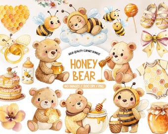 Honey Bear Watercolor Clipart, Teddy Bear Honey Jar PNG, Cute Bumblebee Clipart, Vintage Bee Nursery Clipart, Honey Baby Shower PNG