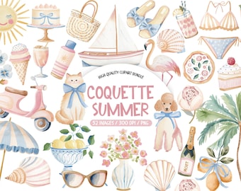 Watercolor Coquette Summer Clipart – Coastal Girl and Beach Elegant Graphics (Digital PNG)