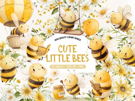 Cute Little Bees Watercolor Clipart, Baby Bee Clipart, Cute Bee PNG, Honey Comb Clipart, Watercolor Bee Clipart, Bees Clipart Commercial Use