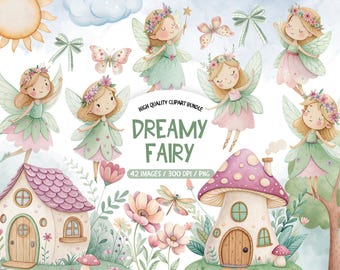 Enchanted Woodland Fairy Set – Pink Flower Fairies and Mushroom Houses (Commercial Use)