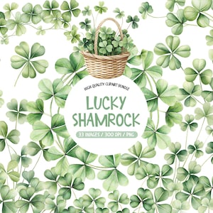 Op de afbeelding: Waterverfillustratie van groene klavers en een rieten mand gevuld met klavers. De afbeelding bevat de tekst "Lucky Shamrock" en "High Quality Clipart Bundle". De achtergrond is wit.