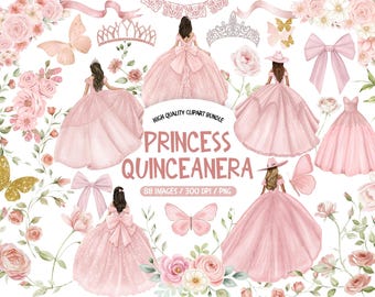 Elegant Pink Quinceanera Clipart Set – Mis Quince Birthday and Princess Illustrations (Commercial Use)