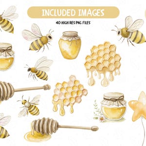 May include: Watercolor illustrations of bees, honey jars, honeycombs, honey dippers, a star, and a striped balloon.  The text "INCLUDED IMAGES" and "40 HIGH RES PNG FILES" is also included in the image.