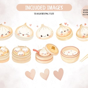 May include: Watercolor illustrations of dumplings with smiling faces, in bamboo steamers and bowls. The image includes the text "INCLUDED IMAGES" and "15 HIGH RES PNG FILES". Watercolor splashes are also included.
