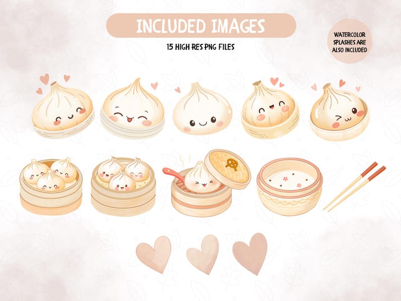 May include: Watercolor illustrations of dumplings with smiling faces, in bamboo steamers and bowls. The image includes the text "INCLUDED IMAGES" and "15 HIGH RES PNG FILES". Watercolor splashes are also included.