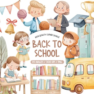 Puede incluir: Ilustración en acuarela con temática escolar. Presenta niños, un autobús escolar, libros, un trofeo y una pancarta que dice "Back to School". Incluye una campana escolar, una cinta y una mochila. La imagen es un paquete de imágenes prediseñadas de alta calidad.