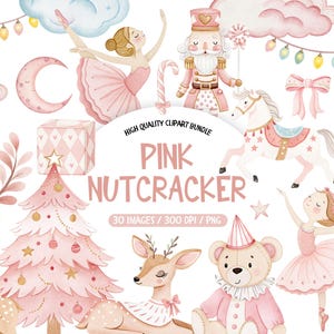 Puede incluir: Colección de ilustraciones en acuarela rosa que representan una bailarina, un cascanueces, un caballo, un ciervo, un oso de peluche y un árbol de Navidad. El texto "Pink Nutcracker" se muestra con texto adicional que indica un paquete de imágenes prediseñadas.