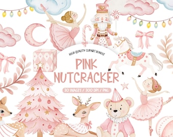 Pink Nutcracker Clipart, Pastel Christmas Ballerina PNG, Cute Watercolor Xmas Clipart, Winter Girly Digital Stickers, Cute Christmas Ballet