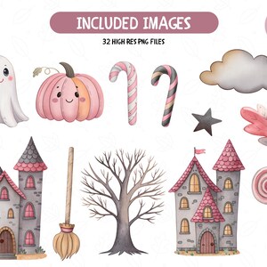May include: Watercolor illustrations of Halloween-themed images, including a ghost, pumpkin, candy canes, cloud, star, leaf, castles, broom, tree, and a lollipop. The text "INCLUDED IMAGES" is displayed at the top, with "32 HIGH RES PNG FILES" below it.