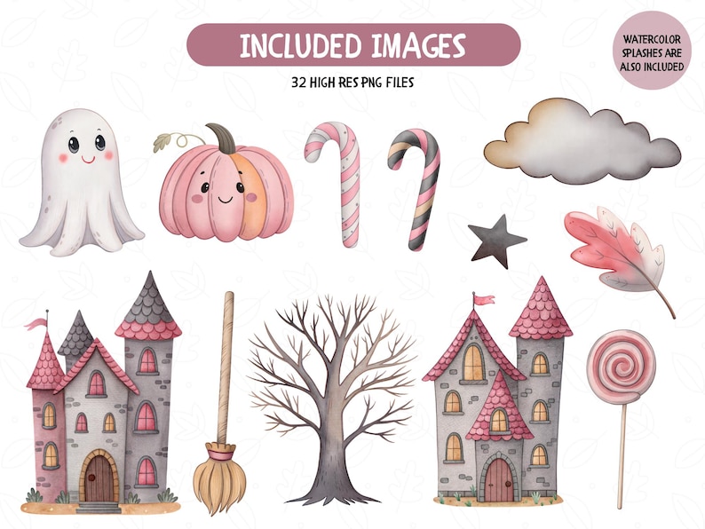 May include: Watercolor illustrations of Halloween-themed images, including a ghost, pumpkin, candy canes, cloud, star, leaf, castles, broom, tree, and a lollipop. The text "INCLUDED IMAGES" is displayed at the top, with "32 HIGH RES PNG FILES" below it.