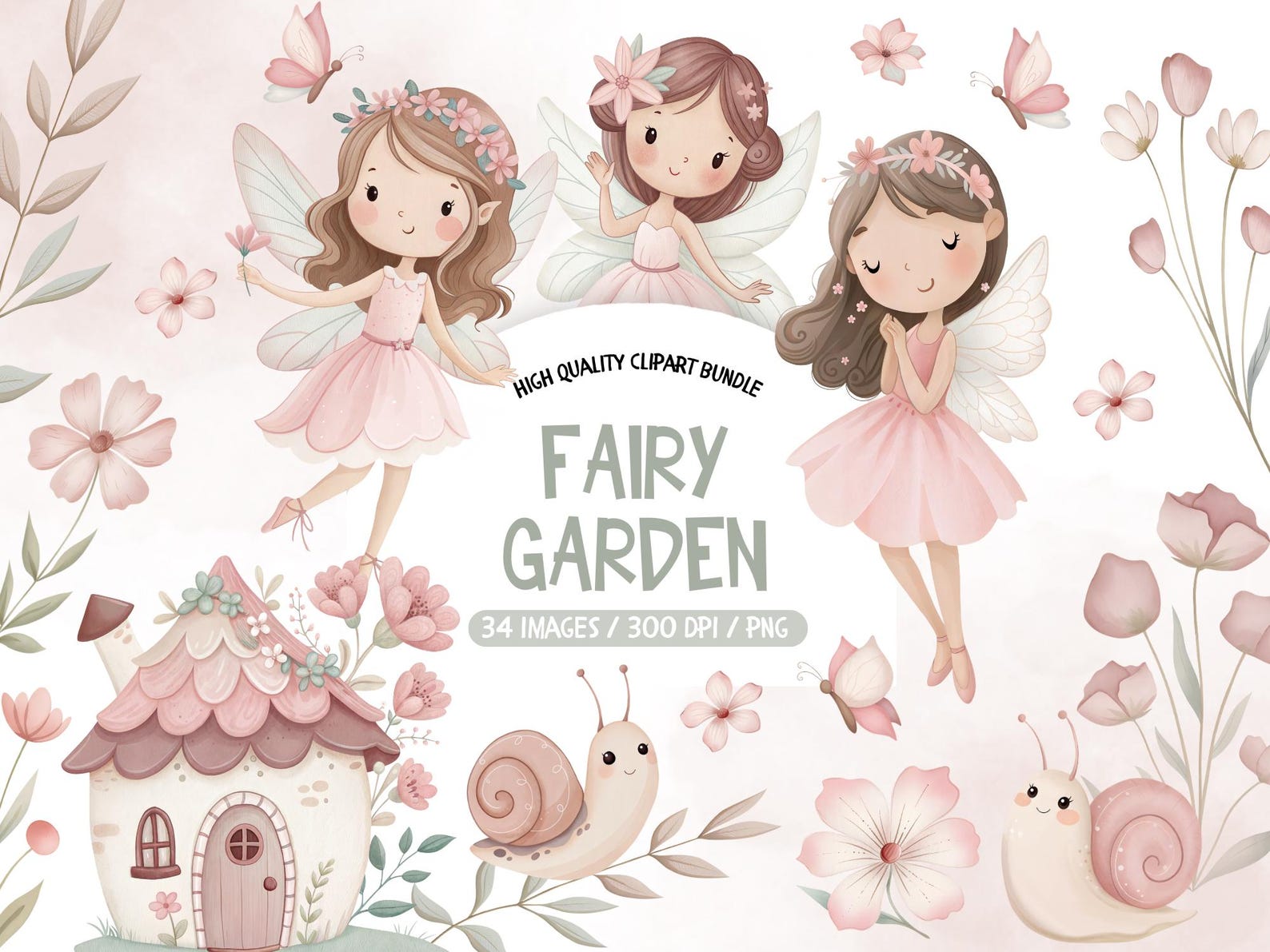 Pink Fairy Garden Clipart, Watercolor Fairy Clipart Bundle, Cute ...