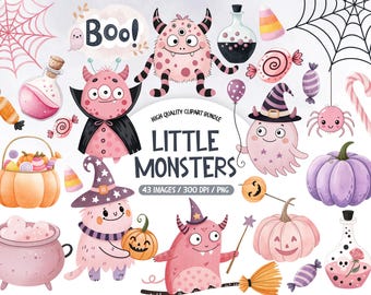 Cute Halloween Monsters Clipart, Little Monster Watercolor, Kids Halloween Party Decor, Trick or Treat Graphics, Nursery Halloween