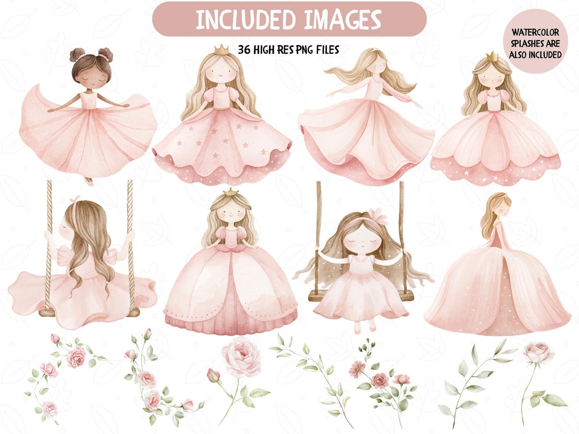Pink Princess Unicorn Clipart Bundle: Watercolor Illustration Pack ...