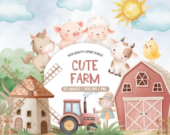 Farm Animals Watercolor Digital Clipart, Farm Animal Clip Art, Watercolor Barn Clipart, Clipart Baby Farm Animal, Life In The Farm Clipart