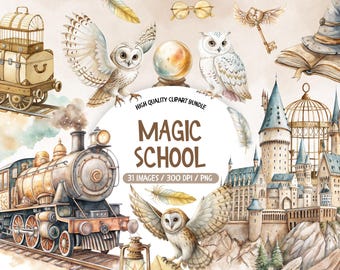 May include: A watercolor illustration of a magic school theme with a train, owls, a castle, a cage, and a book. The text "Magic School" is written in brown letters on a white circle.
