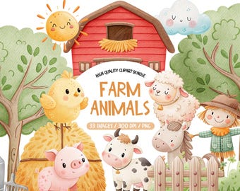 Imágenes prediseñadas de animales de granja en acuarela, paquete PNG de granja (descarga digital)