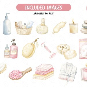 Puede incluir: Un conjunto de 25 ilustraciones de acuarela de art&iacute;culos de spa y belleza, que incluyen una bata de ba&ntilde;o, toallas, una vela, una mascarilla facial, una pastilla de jab&oacute;n, un cepillo de ba&ntilde;o, una esponja vegetal, una herramienta de masaje, una botella de aceite esencial, una botella de loci&oacute;n, una botella de champ&uacute;, una cesta de art&iacute;culos de tocador, una bolsa de tratamiento de spa, una vela, un conjunto de piedras y una flor. Las ilustraciones est&aacute;n en un estilo ligero y aireado, con colores suaves y detalles delicados.