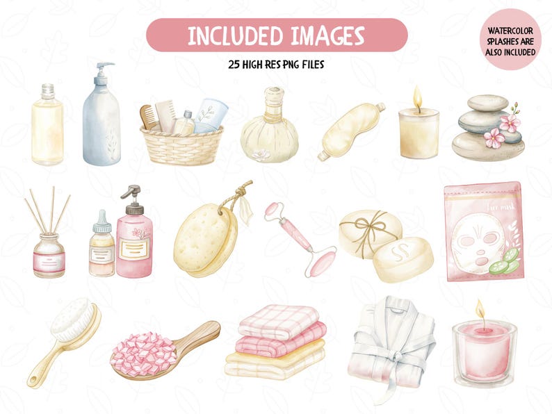 Puede incluir: Un conjunto de 25 ilustraciones de acuarela de art&iacute;culos de spa y belleza, que incluyen una bata de ba&ntilde;o, toallas, una vela, una mascarilla facial, una pastilla de jab&oacute;n, un cepillo de ba&ntilde;o, una esponja vegetal, una herramienta de masaje, una botella de aceite esencial, una botella de loci&oacute;n, una botella de champ&uacute;, una cesta de art&iacute;culos de tocador, una bolsa de tratamiento de spa, una vela, un conjunto de piedras y una flor. Las ilustraciones est&aacute;n en un estilo ligero y aireado, con colores suaves y detalles delicados.