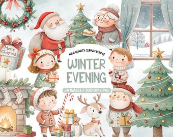 Cozy Christmas Clipart, Christmas Evening Clipart, Cute Christmas Family Clipart, Classic Xmas Holiday Illustrations, Watercolor Winter PNG